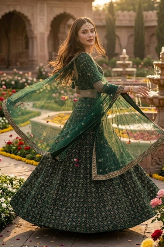 Woman in emerald lehenga in motion, dupatta flowing