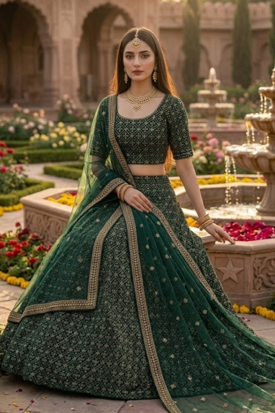 Emerald green embroidered lehenga close portrait, garden setting