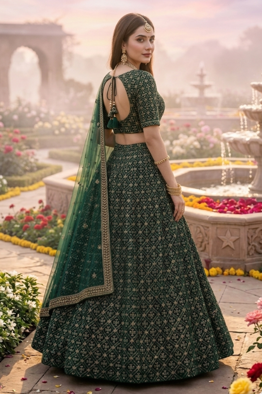 Emerald green lehenga side view showing geometric embroidered skirt