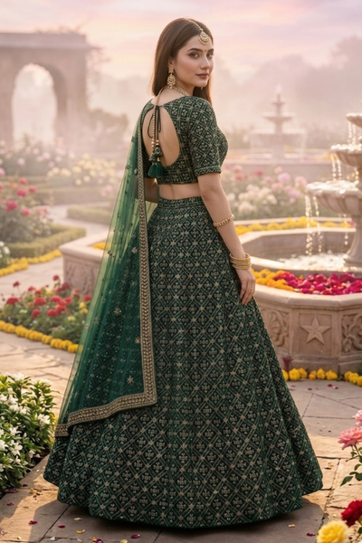 Emerald green lehenga side view showing geometric embroidered skirt