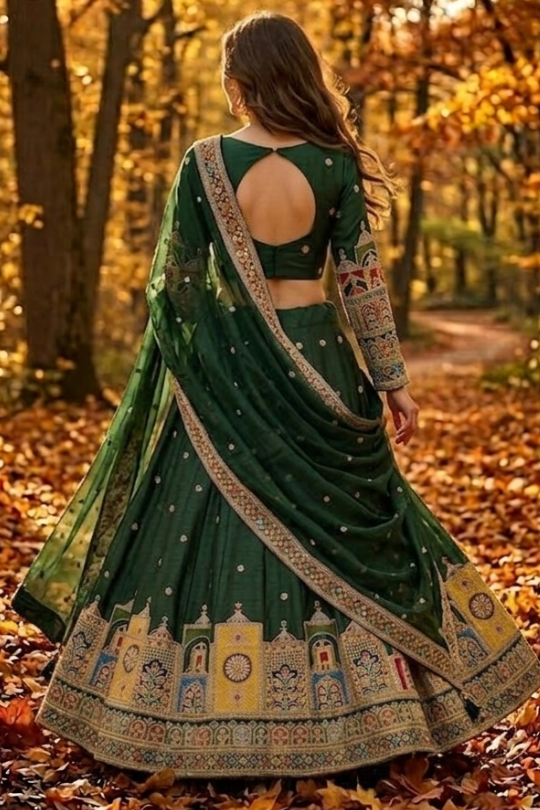 Back view of Emerald Green Embroidered Lehenga Set Back View