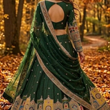 Back view of Emerald Green Embroidered Lehenga Set Back View