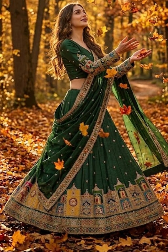 Emerald Green Embroidered Lehenga with flowing flared silhouette with autumn leaves