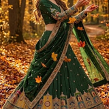Emerald Green Embroidered Lehenga with flowing flared silhouette with autumn leaves