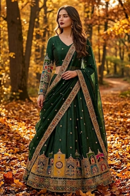 Emerald Green Embroidered Lehenga Set with Artistic Border front view