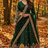 Emerald Green Embroidered Lehenga Set with Artistic Border front view