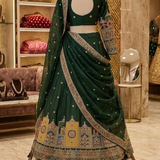 Emerald Green Embroidered Lehenga displayed on mannequin back
