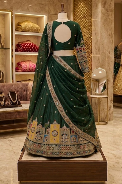 Emerald Green Embroidered Lehenga displayed on mannequin back
