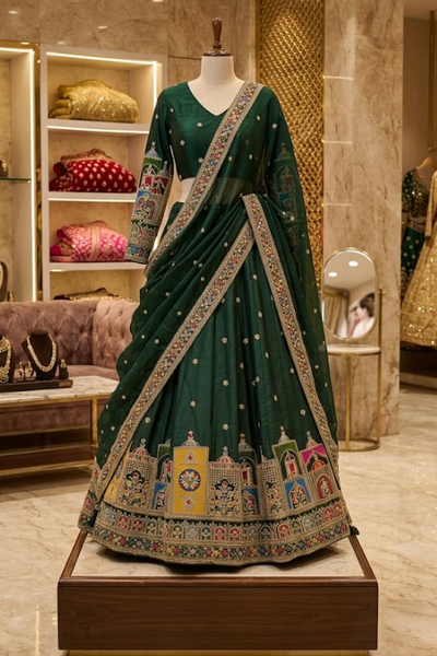 Emerald Green Embroidered Lehenga displayed on mannequin front