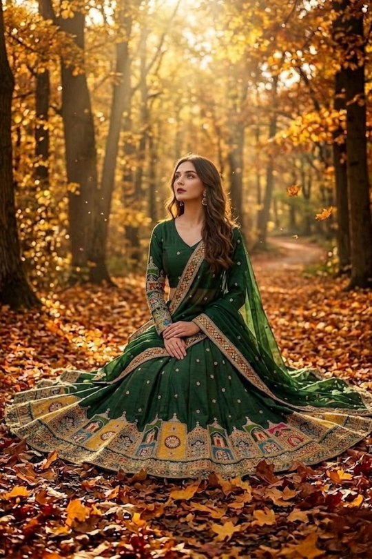 Model seated wearing Emerald Green Embroidered Lehenga Set
