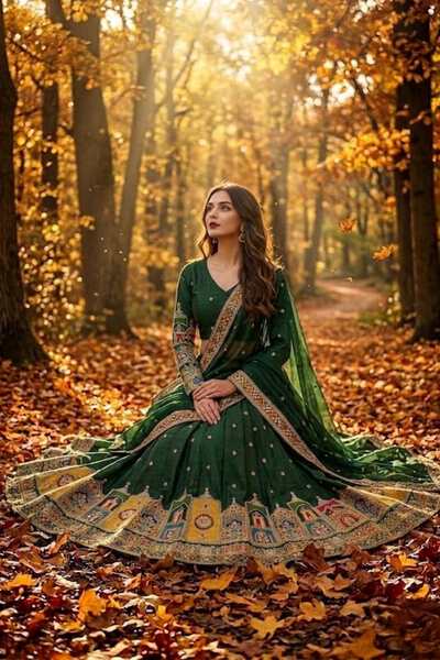 Model seated wearing Emerald Green Embroidered Lehenga Set