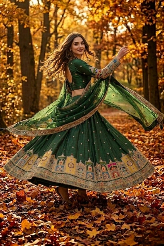 Model twirling Emerald Green Lehenga showcasing artistic embroidered border 