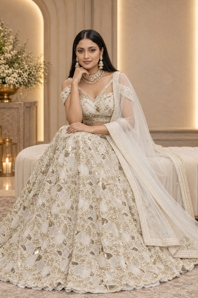 Ivory gold bridal lehenga with sequin embroidery, full length front seated pose