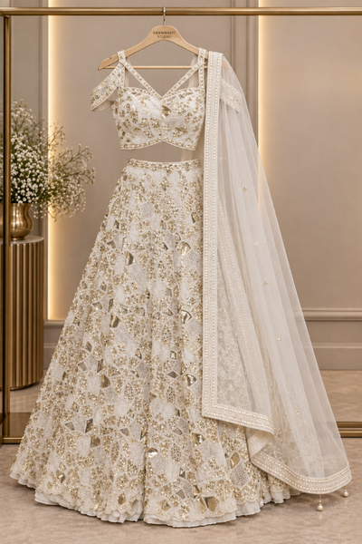 Ivory gold bridal lehenga front view on display showing dupatta drape