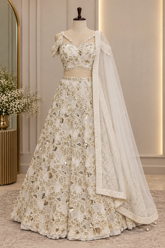 Ivory gold sequin embroidered bridal lehenga, front view on display