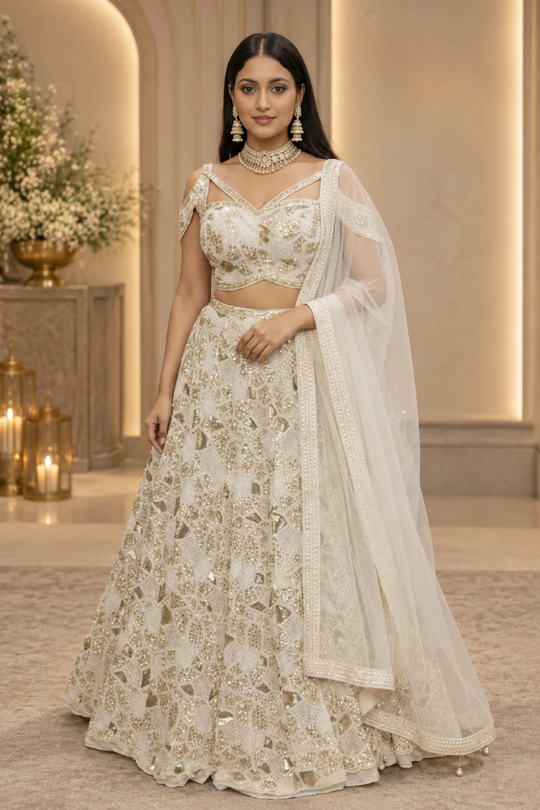 Bride in ivory gold sequin embroidered bridal lehenga with sheer dupatta, front view