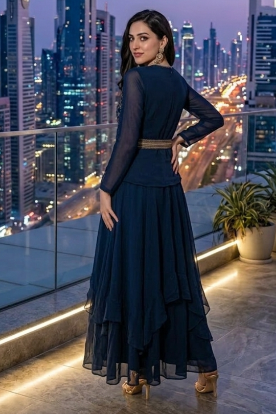Midnight blue Indo-Western set with sheer sleeves, back pose