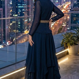 Midnight blue Indo-Western set with sheer sleeves, back pose