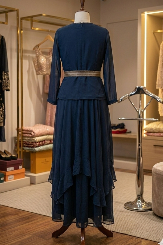 Midnight blue skirt set back view on display showing embroidered top