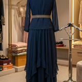 Midnight blue skirt set back view on display showing embroidered top