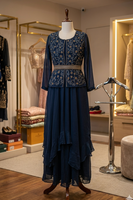 Midnight blue embroidered layered skirt set, front view on display