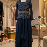 Midnight blue embroidered layered skirt set, front view on display