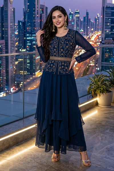 Woman in midnight blue embroidered layered skirt set, city skyline backdrop