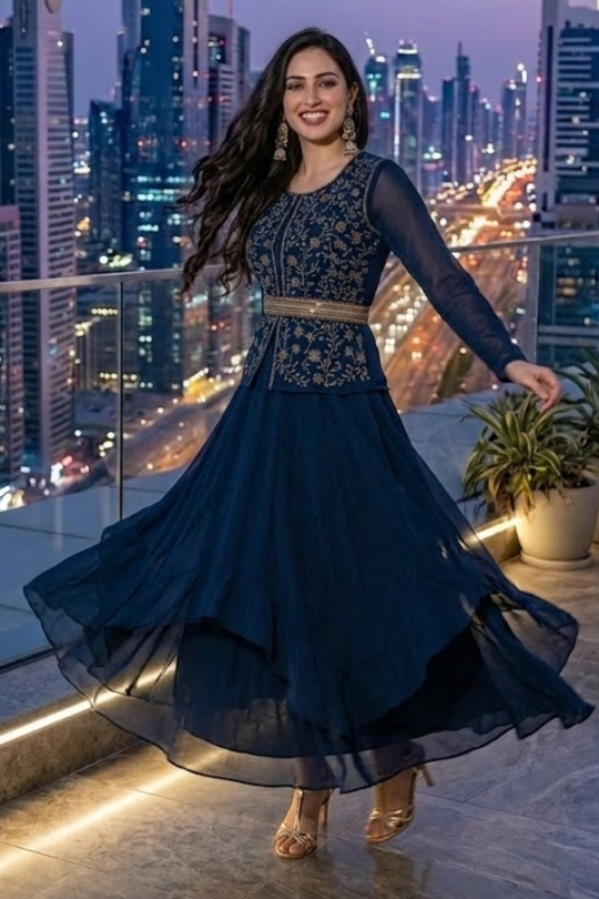 Midnight blue layered skirt set side view showing flowy drape