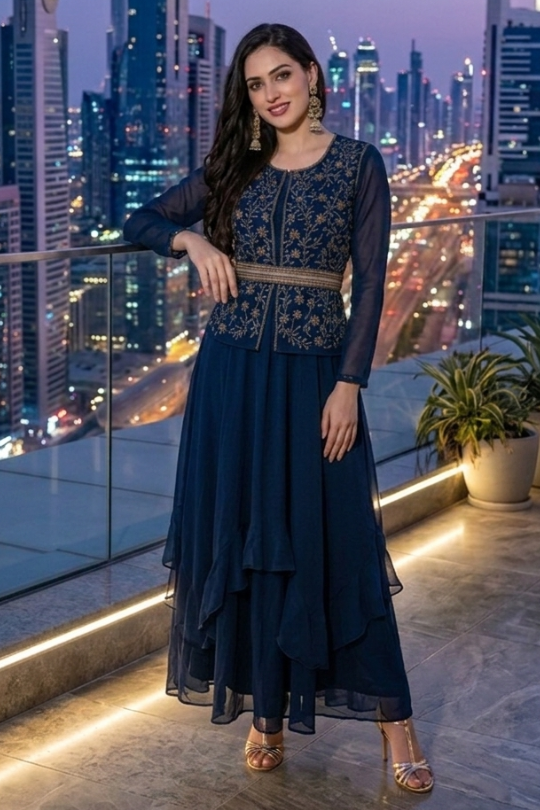 Woman standing in midnight blue embroidered skirt set, city view at night