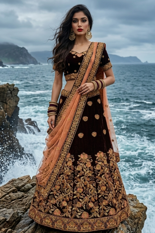 Midnight Maroon Embroidered Bridal Lehenga Set with Peach Dupatta front view