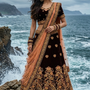 Midnight Maroon Embroidered Bridal Lehenga Set with Peach Dupatta front view