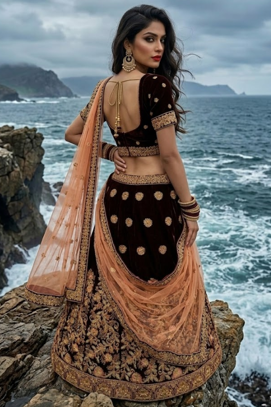 Model wearing Midnight Maroon Embroidered Bridal Lehenga Set