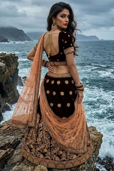 Model wearing Midnight Maroon Embroidered Bridal Lehenga Set