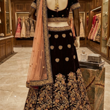 Midnight Maroon Embroidered Bridal Lehenga displayed on mannequin back