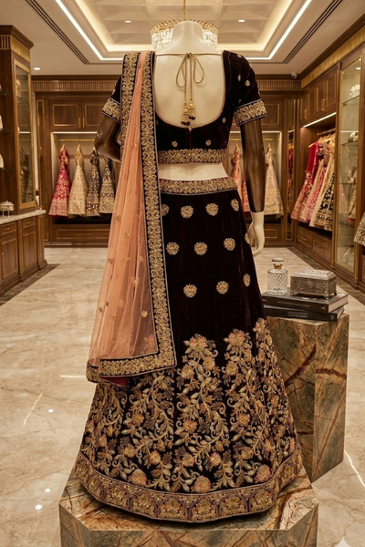 Midnight Maroon Embroidered Bridal Lehenga displayed on mannequin back