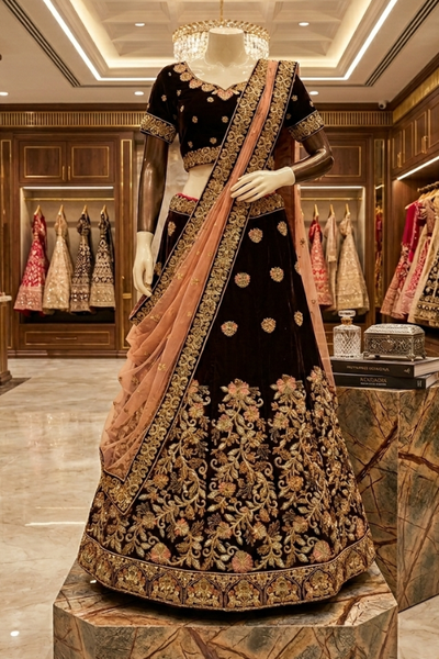 Midnight Maroon Embroidered Bridal Lehenga displayed on mannequin front