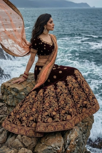 Midnight Maroon Bridal Lehenga featuring peach net dupatta