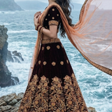 Side view of Midnight Maroon Bridal Lehenga with peach dupatta