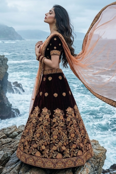 Side view of Midnight Maroon Bridal Lehenga with peach dupatta