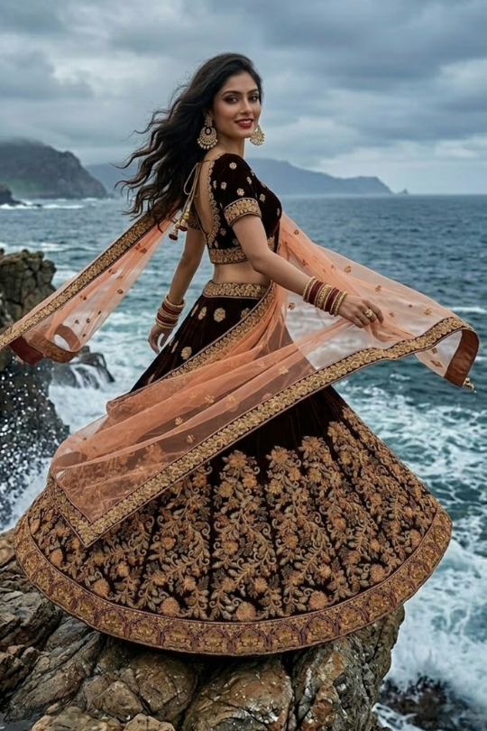 Midnight Maroon Bridal Lehenga showcasing flared silhouette