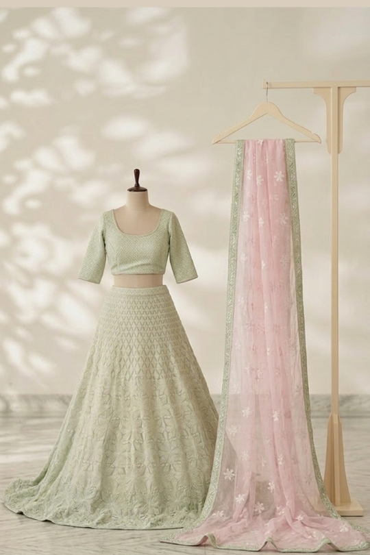 Mint green lehenga with blush pink dupatta, front view on display