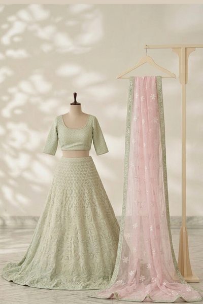 Mint green lehenga with blush pink dupatta, front view on display