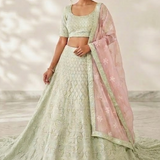 Woman in mint green lehenga with blush pink dupatta, white backdrop