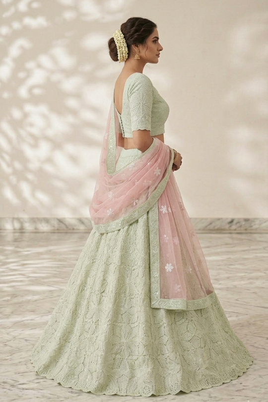 Mint green lehenga with blush pink dupatta, full length side pose