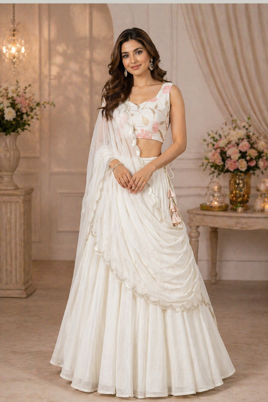 White floral lehenga with dupatta draped over shoulder, engagement wear