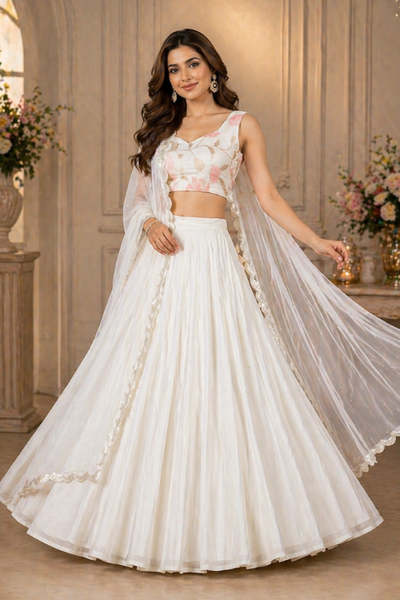 Model in white flowy lehenga with sheer dupatta, front view