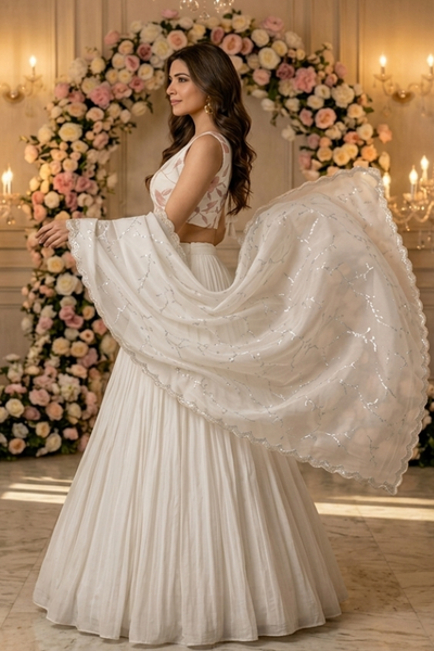 White lehenga side view showing flowing sheer dupatta with lace border