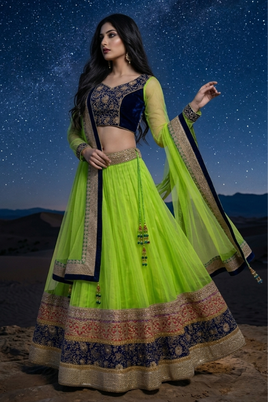 Woman in neon lime and navy blue designer lehenga, starry desert backdrop
