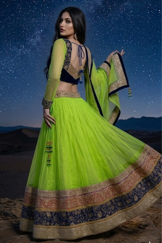 Woman twirling in neon lime lehenga with navy blue embroidered border