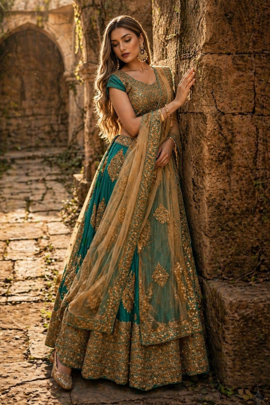Bride in rama green and gold embroidered lehenga with net dupatta, leaning against stone archway